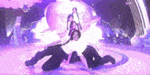 a group of people are dancing on a stage with a purple background that says super me