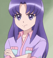 a girl with purple hair has her arms crossed and is wearing a purple shirt