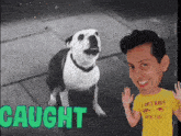 a man wearing a yellow shirt that says " i only have eyes for you " stands next to a dog