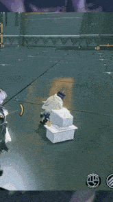 a screenshot of a video game shows a character with a sword and a box on the floor