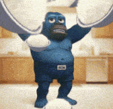 a blue gorilla with ron on his shorts