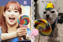 a picture of a girl holding a lollipop and a picture of a cat holding a lollipop