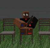a cartoon character is holding a guitar while sitting on a chair