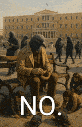 a painting of a man with a pigeon head sitting on a bench with the word no underneath him
