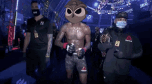a man with an owl on his head is walking into a ufc ring .