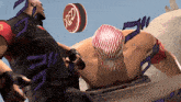 a red sign is being thrown in the air by a man wearing a hat