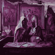 two people wearing gas masks are standing in front of paintings