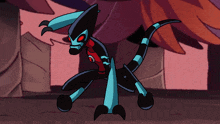 a cartoon drawing of a lizard with red eyes and long claws