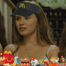 a woman wearing a mcdonald 's visor is surrounded by mcdonald 's products