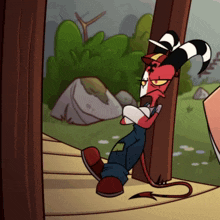a cartoon character with horns is standing next to a wooden pole