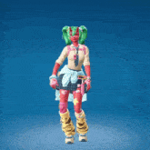 a girl with green hair and red skin is dancing with her arms in the air