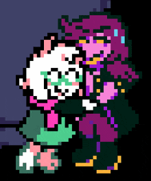 a pixel art of a girl hugging a boy