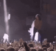 a woman is standing on a stage in front of a crowd of people holding their phones up