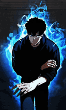 a man in a black hoodie is surrounded by blue fire