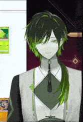 a man with green hair is standing in front of a wall with a pokemon card on it