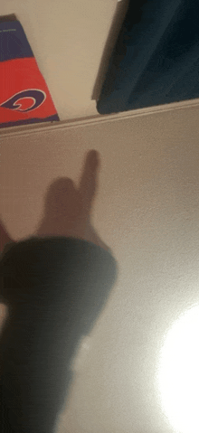 a person 's shadow is cast on a white wall with a gatorade box in the background