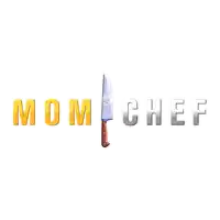 a logo for mom chef shows a knife and the words mom chef