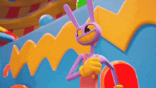 a purple cartoon character with yellow eyes is standing in front of a blue wall