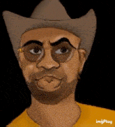 a cartoon of a man with a beard wearing a cowboy hat and glasses .