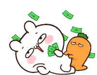 a cartoon of a rabbit and a carrot with money falling around them .