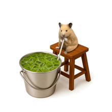 a hamster is sitting on a wooden stool next to a bucket of green liquid