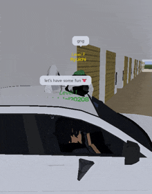 a person in a car with a speech bubble that says gng