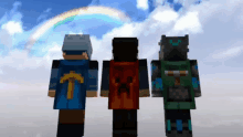 three minecraft characters are standing in front of a rainbow in the sky