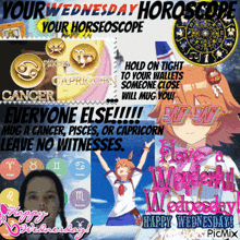 a poster for wednesday 's horoscope with a picture of a girl and the words everyone else