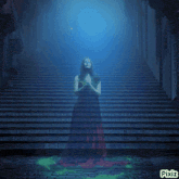 a woman in a red dress stands on a set of stairs with pixiz written on the bottom