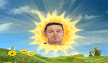 a man 's face is surrounded by a sun in a field