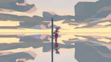 a painting of a landscape with a window and a reflection of a person in the water
