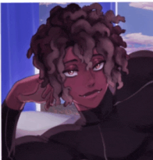 a drawing of a person with curly hair and red eyes