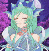 a pixel art drawing of a girl with green hair and a crown on her head