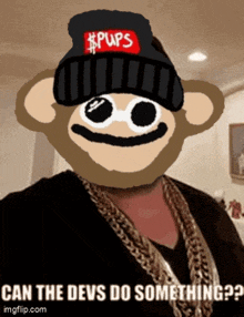 a cartoon monkey wearing a pups hat and gold chains