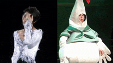 a man in a chicken costume is next to a man in a snowman costume
