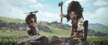 a cartoon character holding an axe stands next to a smaller character