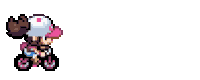 a pixel art of a person riding a bike with a pink hat on .