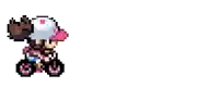 a pixel art of a person riding a bike with a pink hat on .