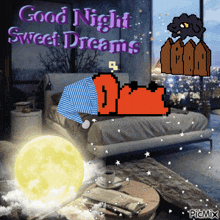 a picture of a bed with the words good night sweet dreams written above it