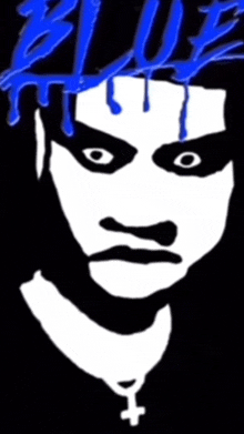 a black and white drawing of a man with blue paint dripping from his head