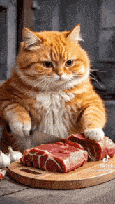 a cat with a knife is cutting a piece of meat on a cutting board