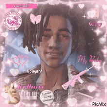 a man with dreadlocks is surrounded by pink hearts and the words booyah