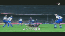 a blurry picture of a soccer game with the words ah dang it written on the bottom