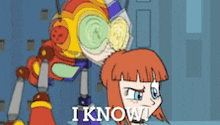 a cartoon of a robot and a girl with i know written on the bottom