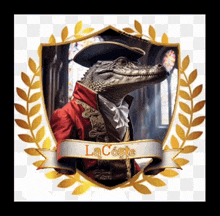 a picture of a crocodile wearing a hat and a coat with the name lacoste
