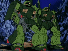 a group of green robots with guns are standing next to each other in a forest .