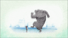 a drawing of a woman standing in front of a giant monster
