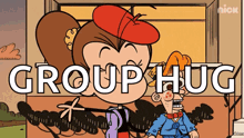 a cartoon of a girl and a man with the words group hug written on it