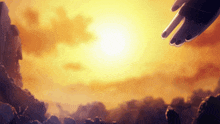 a hand is reaching out towards the sun in a painting