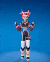 a cartoon character with pink hair and white boots is standing on a blue background
